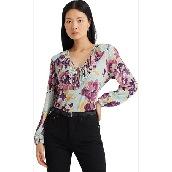 Lauren Ralph Lauren Tops - Lauren Ralph Lauren Black‎ Label Shirt PS Women's Floral V Neck Tie Neck Blouse